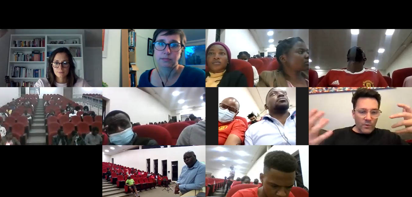The image is a screen shot of the virtual Q&A session which shows students in lecture theater in Malawi and the 3 panelists Dr. Emma Pullen (white female), Dr. Jessica Noske (white female) and Greg Nugent (white male). 
